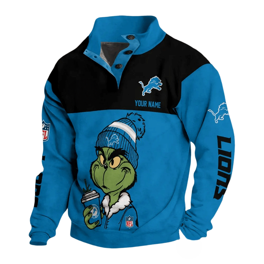 Detroit Lions Grinch Coffee Custom Button Mock Neck Sweatshirt