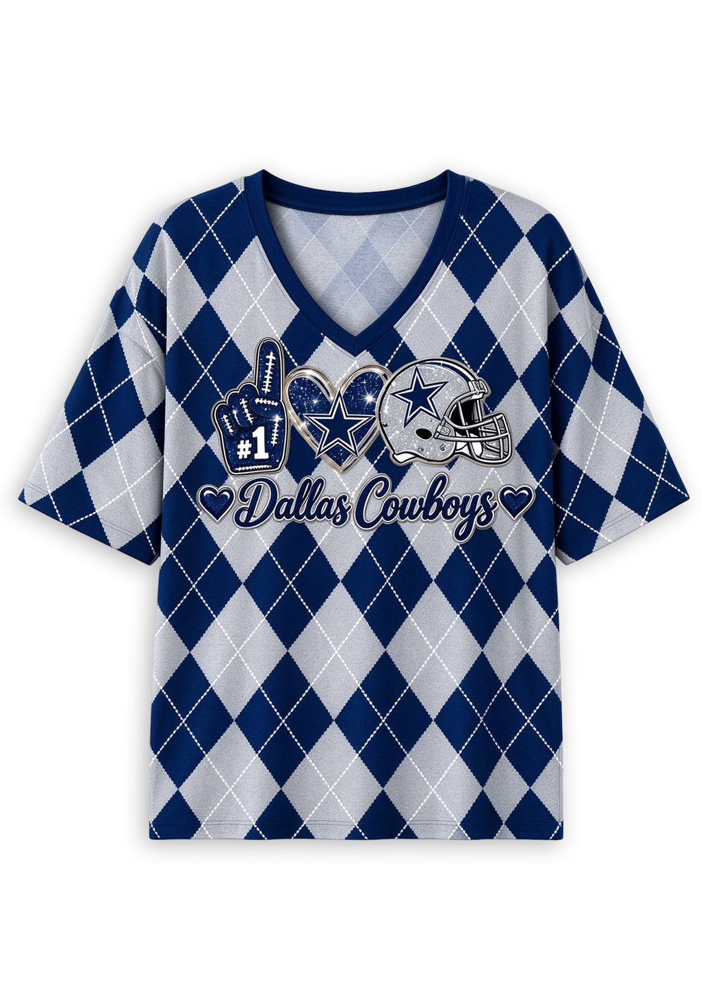 Women's Dallas Cowboys Argyle #1 Fan Heart Helmet V-Neck T-Shirt