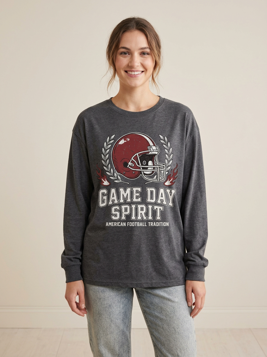 Women's American Football Game Day Spirit Helmet Printed Long Sleeve T-Shirt