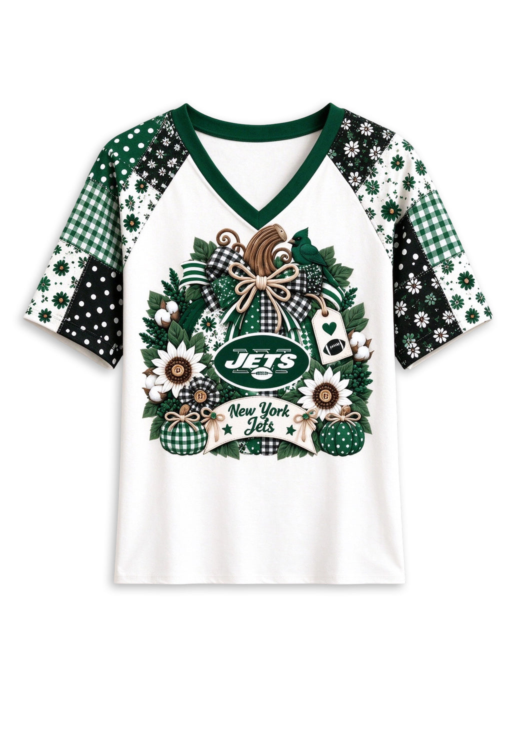 Women's New York Jets Patchwork Sleeve V-Neck Raglan T-Shirt