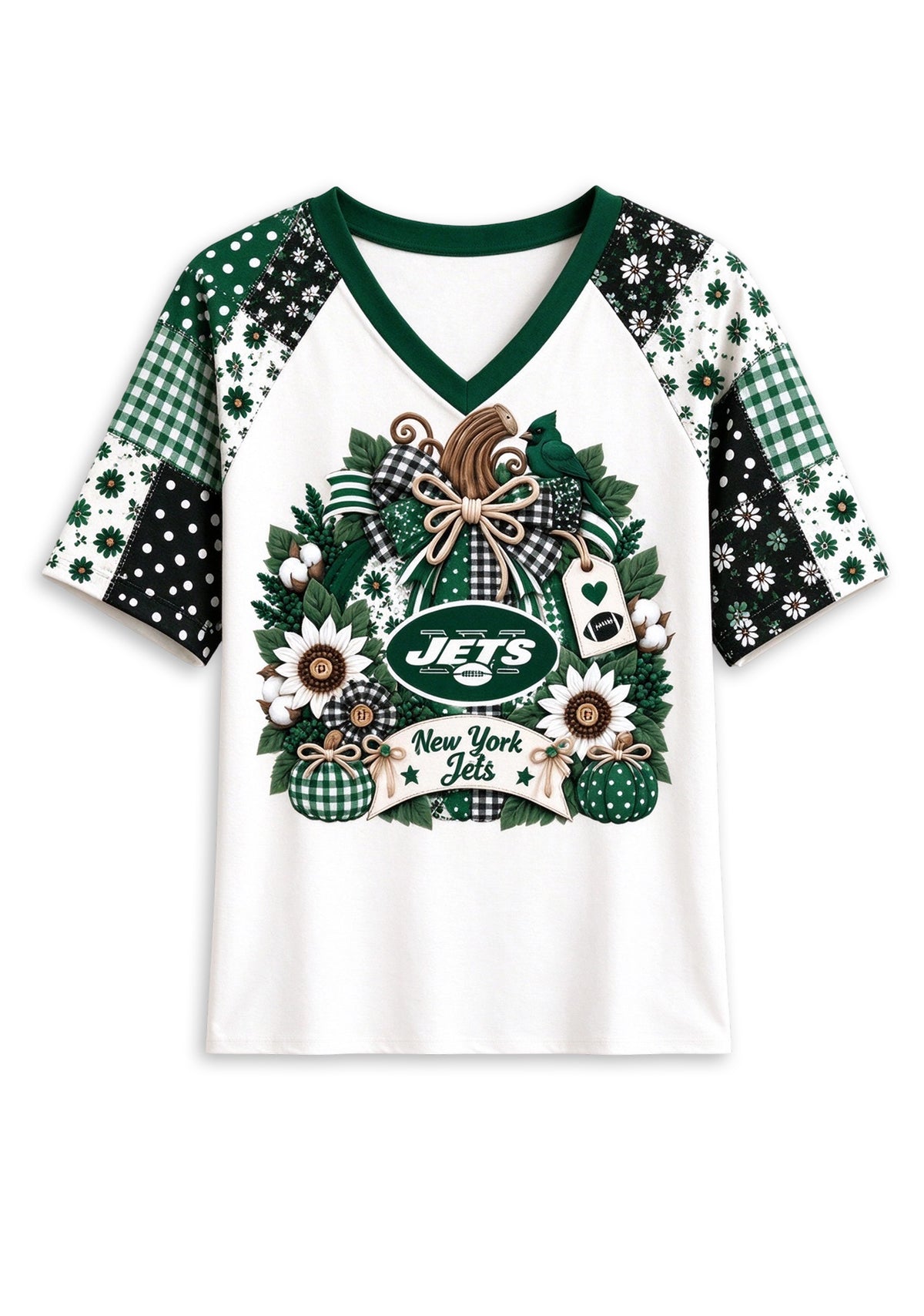 Women's New York Jets Patchwork Sleeve V-Neck Raglan T-Shirt