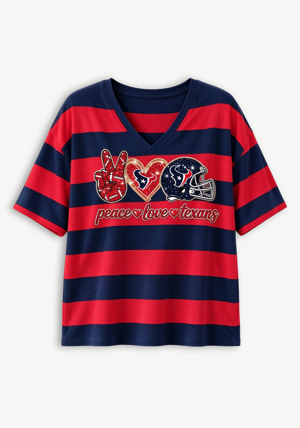 Women's Peace Love Houston Texans Football Striped V Neck T-Shirt