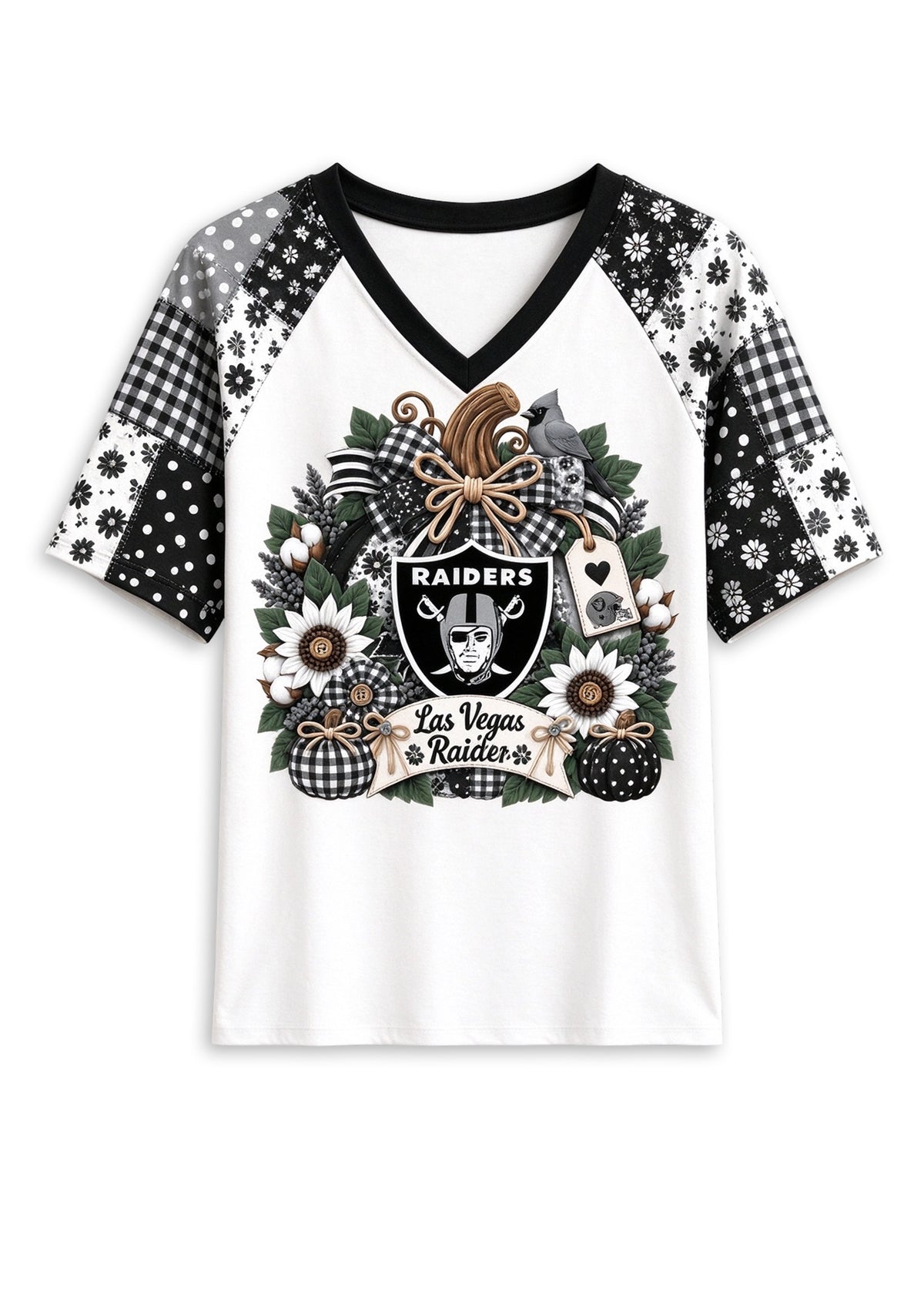 Women's Las Vegas Raiders Patchwork Sleeve V-Neck Raglan T-Shirt