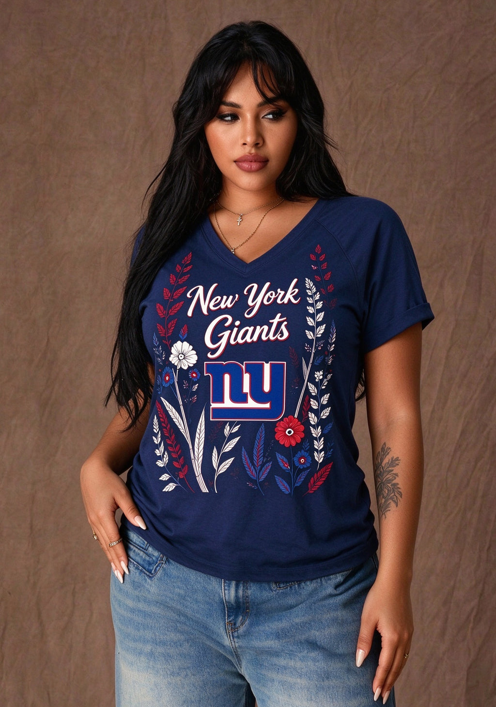 Women's New York Giants Wildflower Graphic V-Neck Raglan Rolled T-Shirt