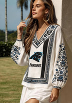 Carolina Panthers Women Floral Printed V-Neck Long Sleeve Shirt