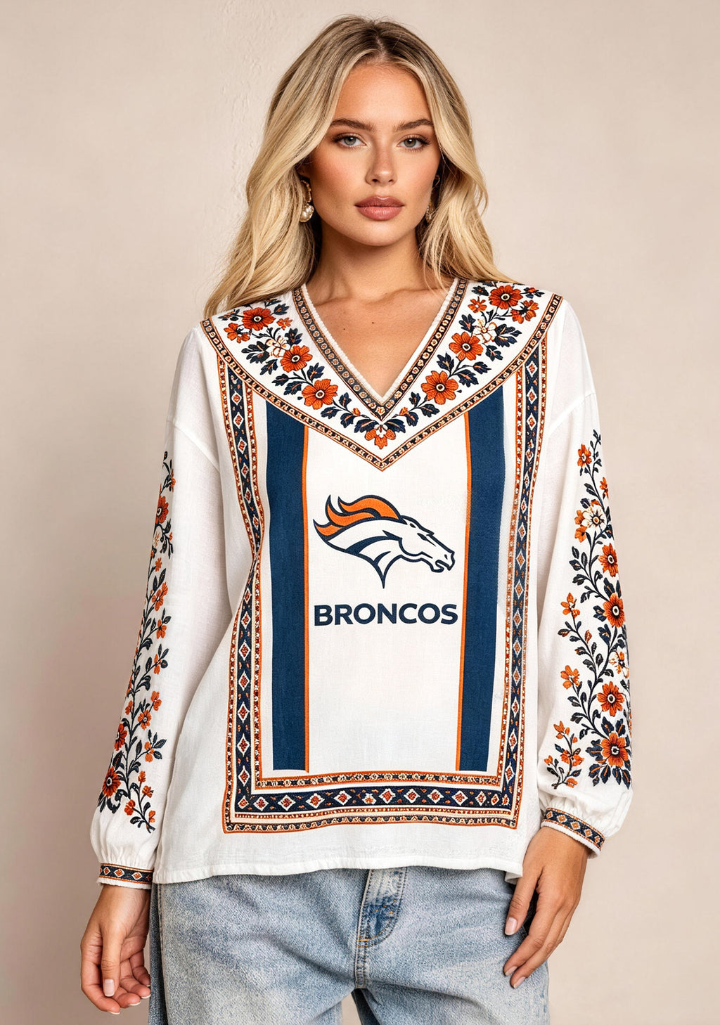 Women's Denver Broncos Boho Floral Printed V-Neck Long Sleeve Shirt