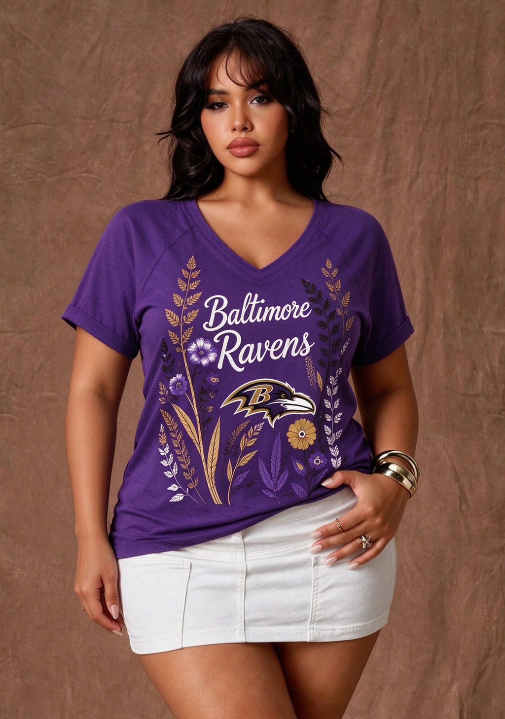 Women's Baltimore Ravens Wildflower Graphic V-Neck Raglan Rolled T-Shirt