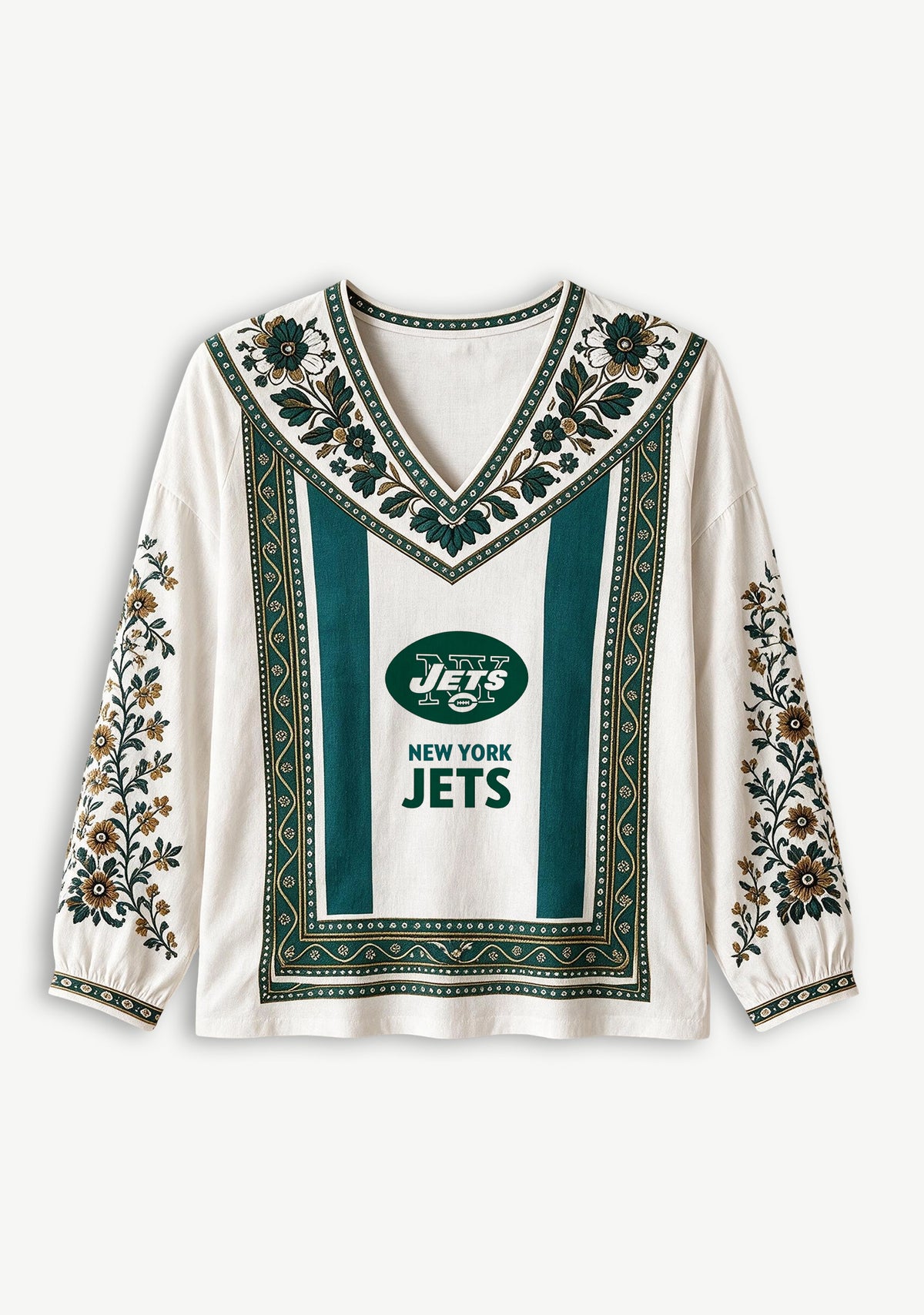 New York Jets Floral Printed V-Neck Long Sleeve Shirt