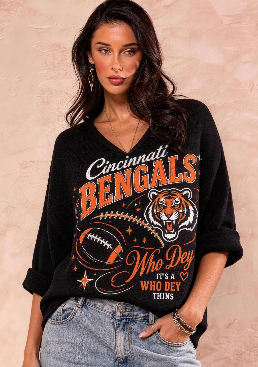 Women Cincinnati Bengals Who Dey Football Graphic Long Sleeve Game Day Shirt