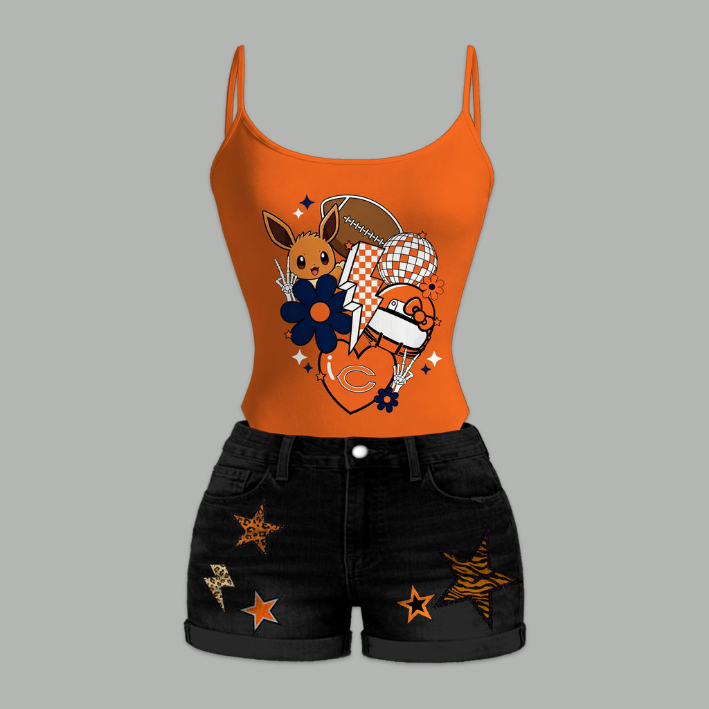Chicago Bears X Pokémon Bodysuit  & Stretch Black Denim Shorts Two-Piece Set