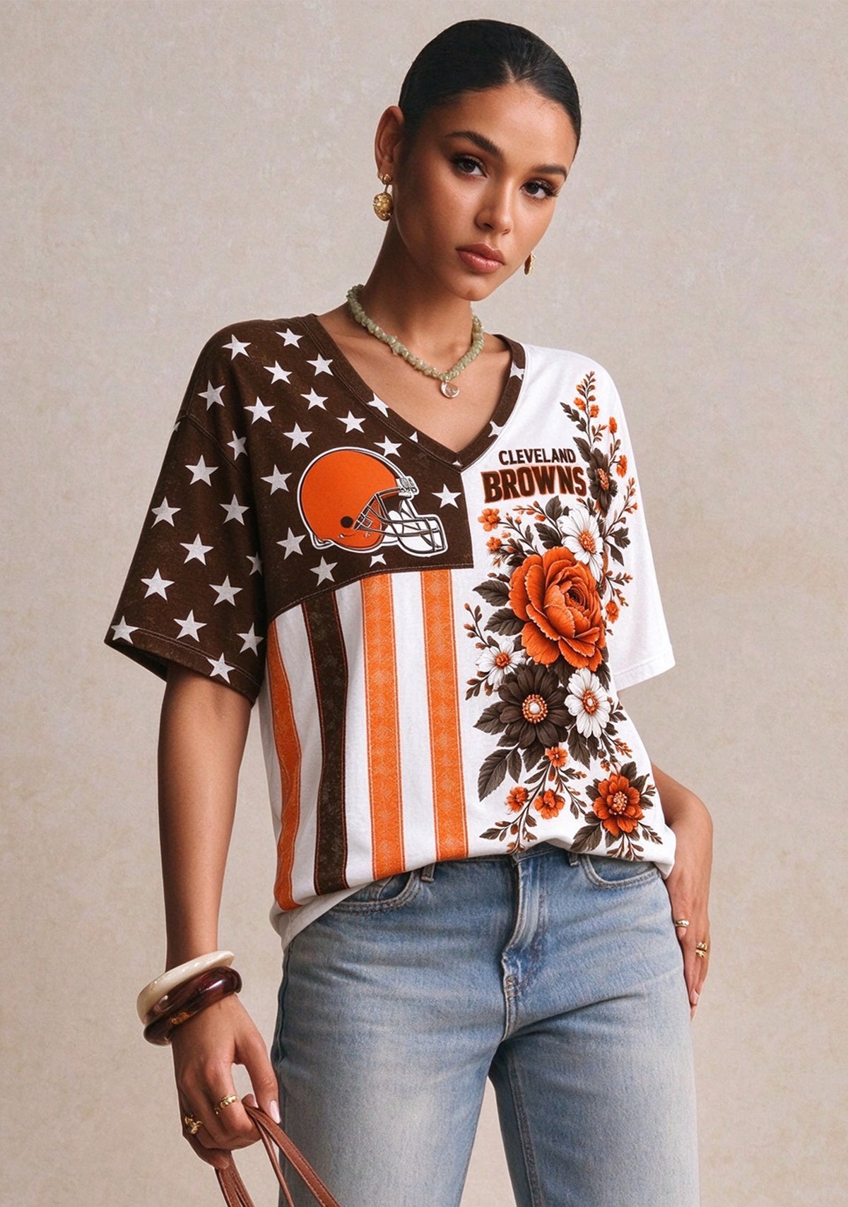 Women's Cleveland Browns American Flag Floral V-Neck T-Shirt Main image