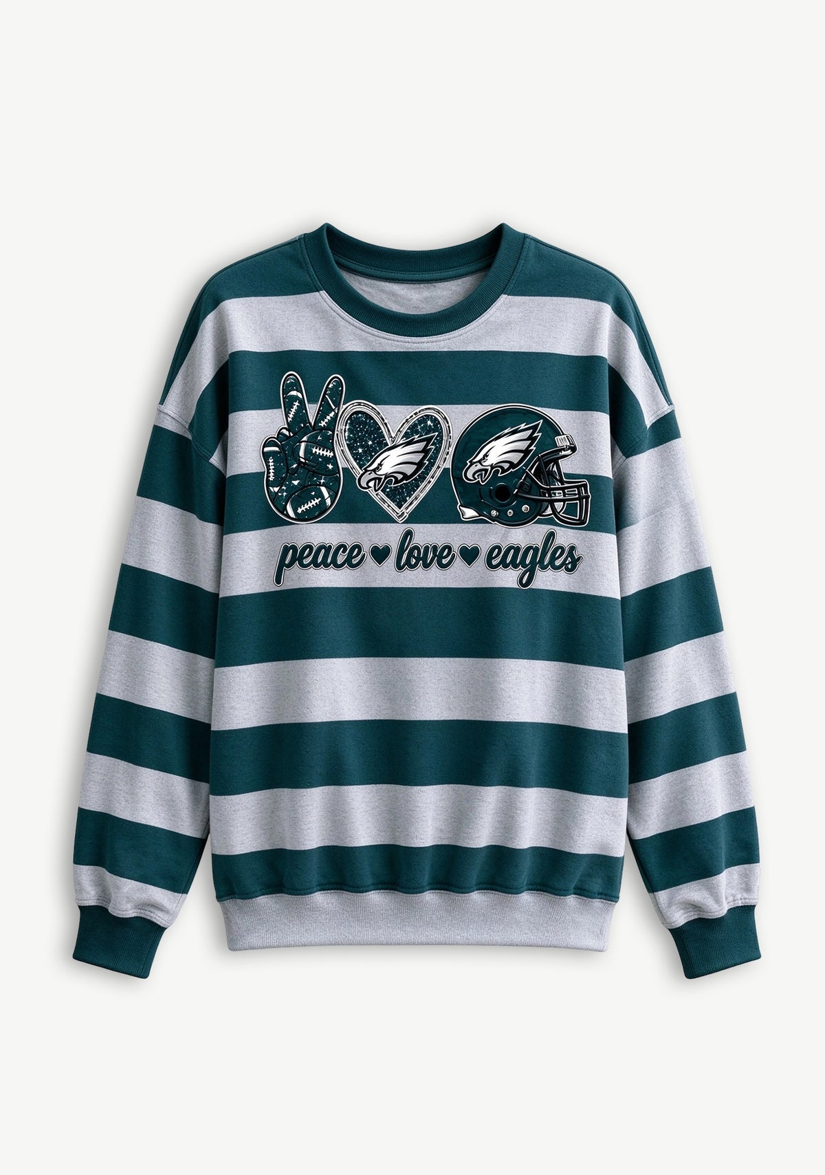 Women's Peace Love Philadelphia Eagles Striped Crewneck Sweatshirt