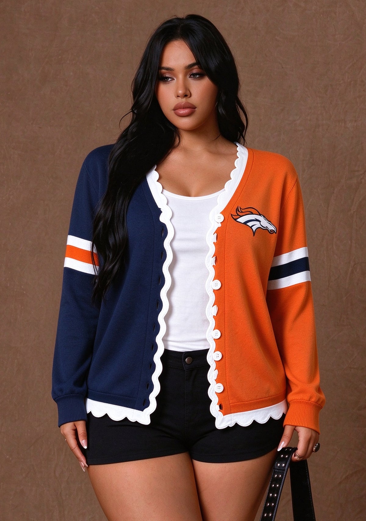 Women's Denver Broncos Color Block Scalloped Trim V-Neck Button Cardigan Main image