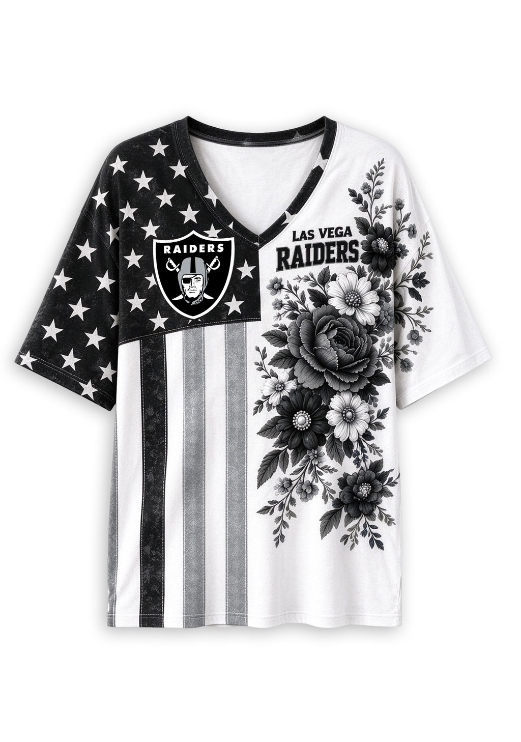 Women's Las Vegas Raiders American Flag Floral V-Neck T-Shirt