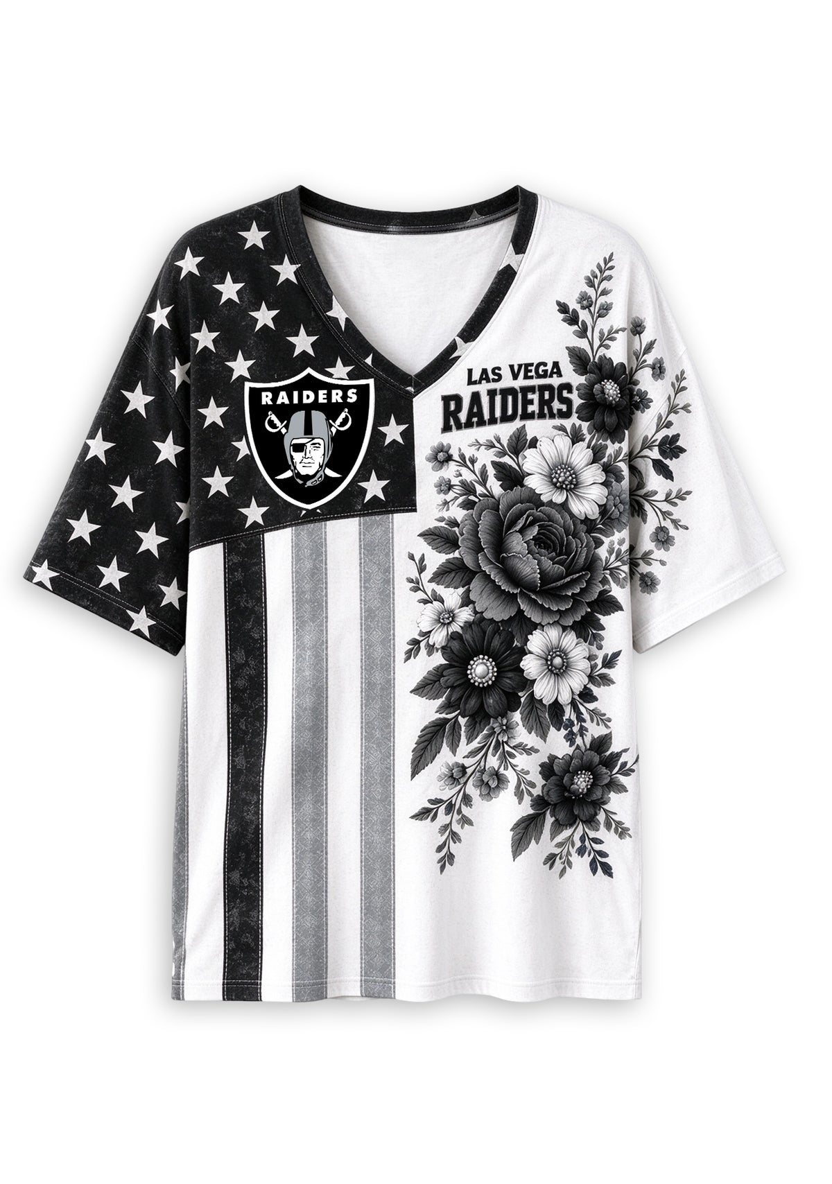 Women's Las Vegas Raiders American Flag Floral V-Neck T-Shirt
