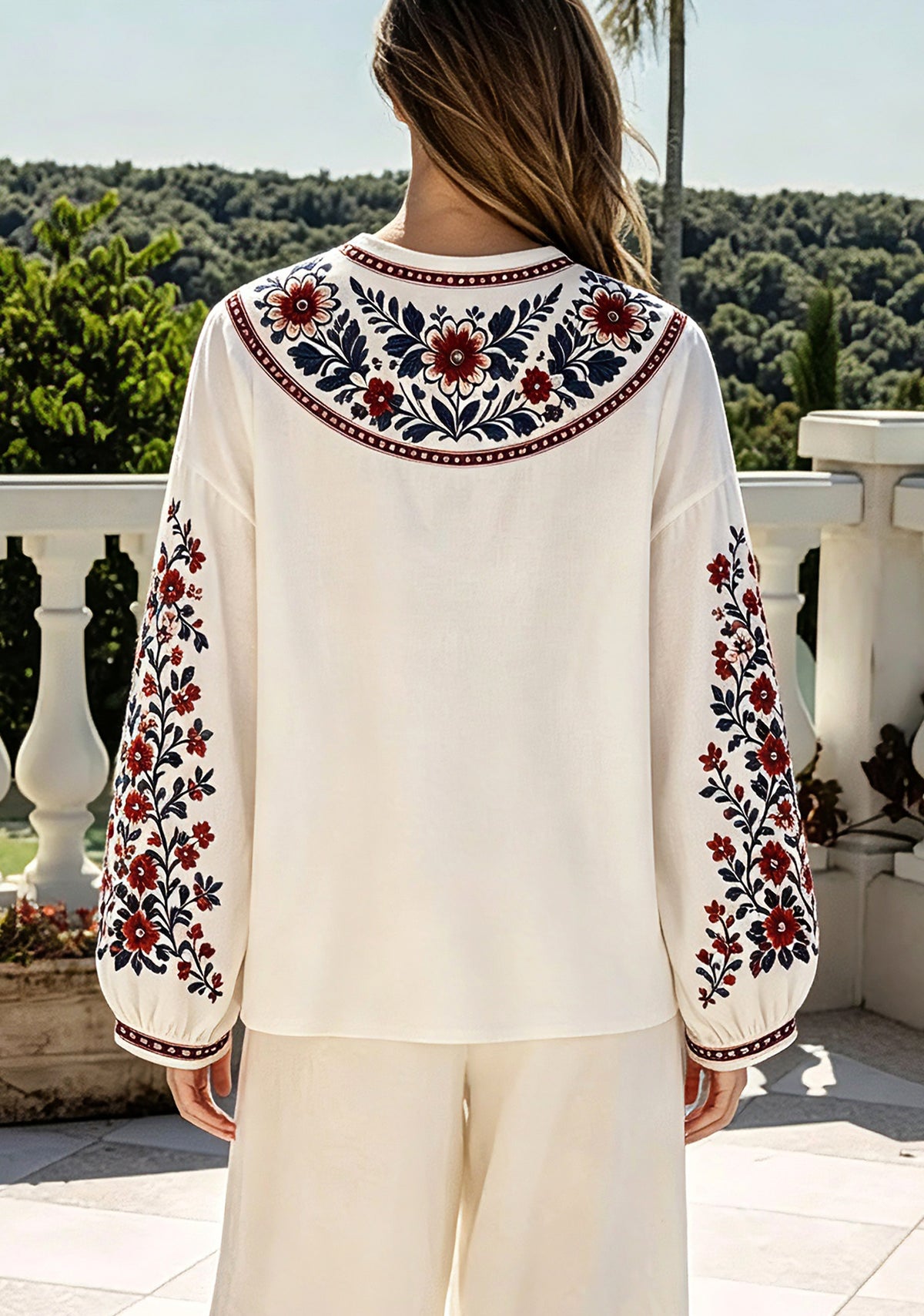 New York Giants Boho Floral Printed V-Neck Long Sleeve Shirt
