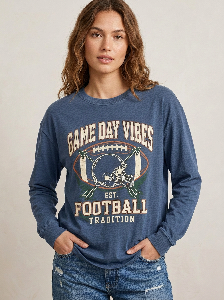 Women's Football Fan Game Day Vibes Helmet Printed Long Sleeve T-Shirt