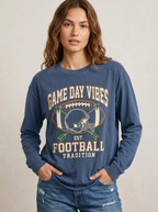 Women's Football Fan Game Day Vibes Helmet Printed Long Sleeve T-Shirt