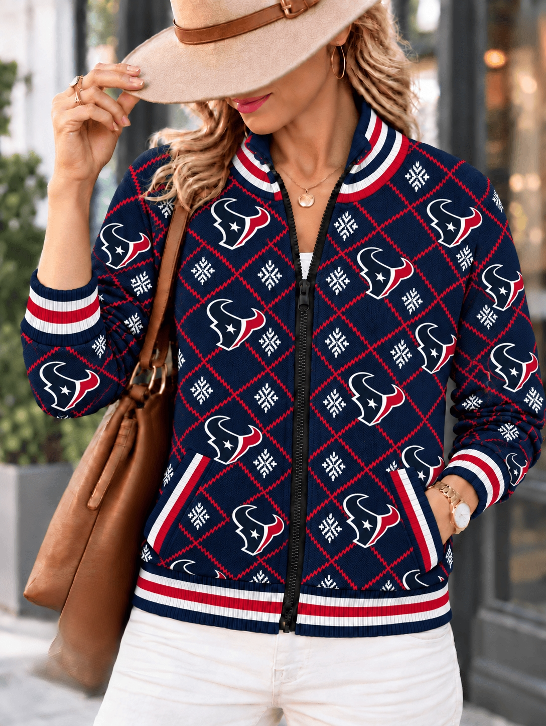 Women's Houston Texans Argyle Print Zip Up Varsity Jacket
