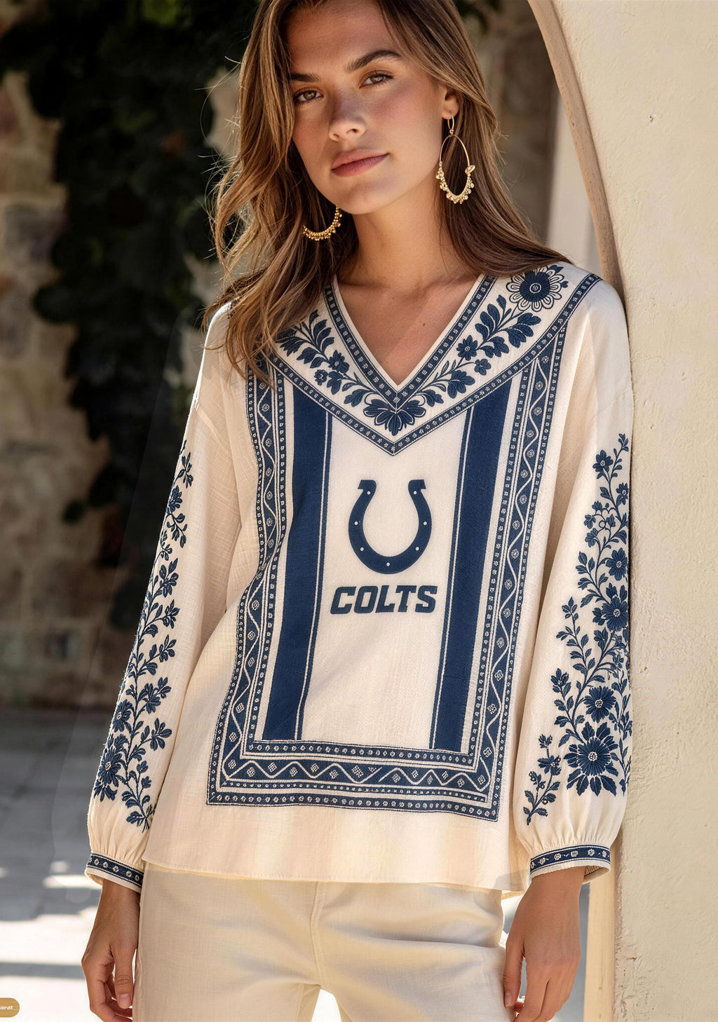 Indianapolis Colts Boho Floral Printed V-Neck Long Sleeve Shirt