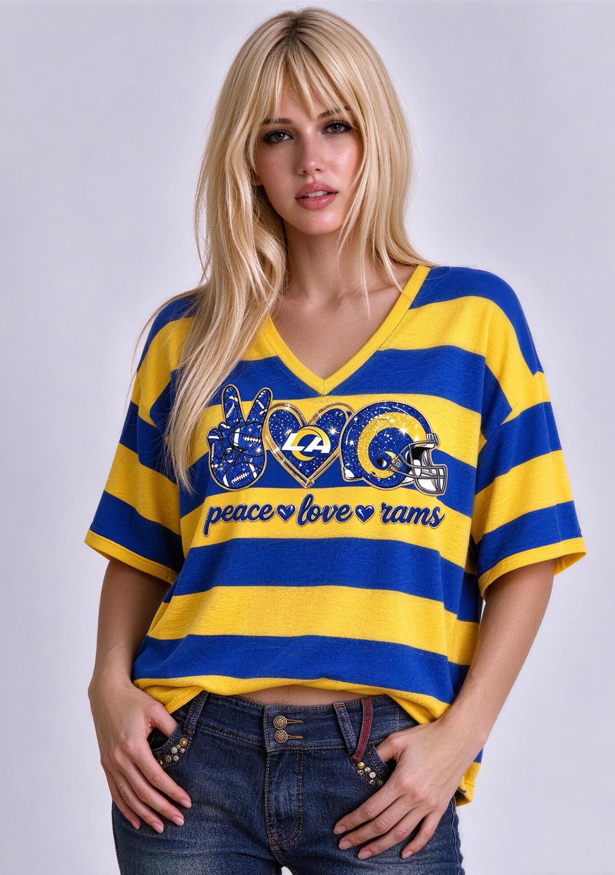 Women's Peace Love Los Angeles Rams Football Striped V Neck T-Shirt