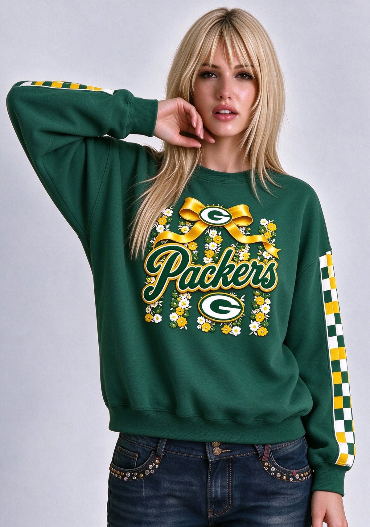Women's Green Bay Packers Floral Bow Crewneck Sweatshirt