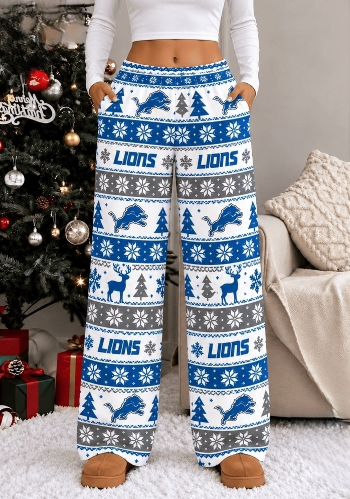 Womens Detroit Lions Christmas Wide Leg Pants