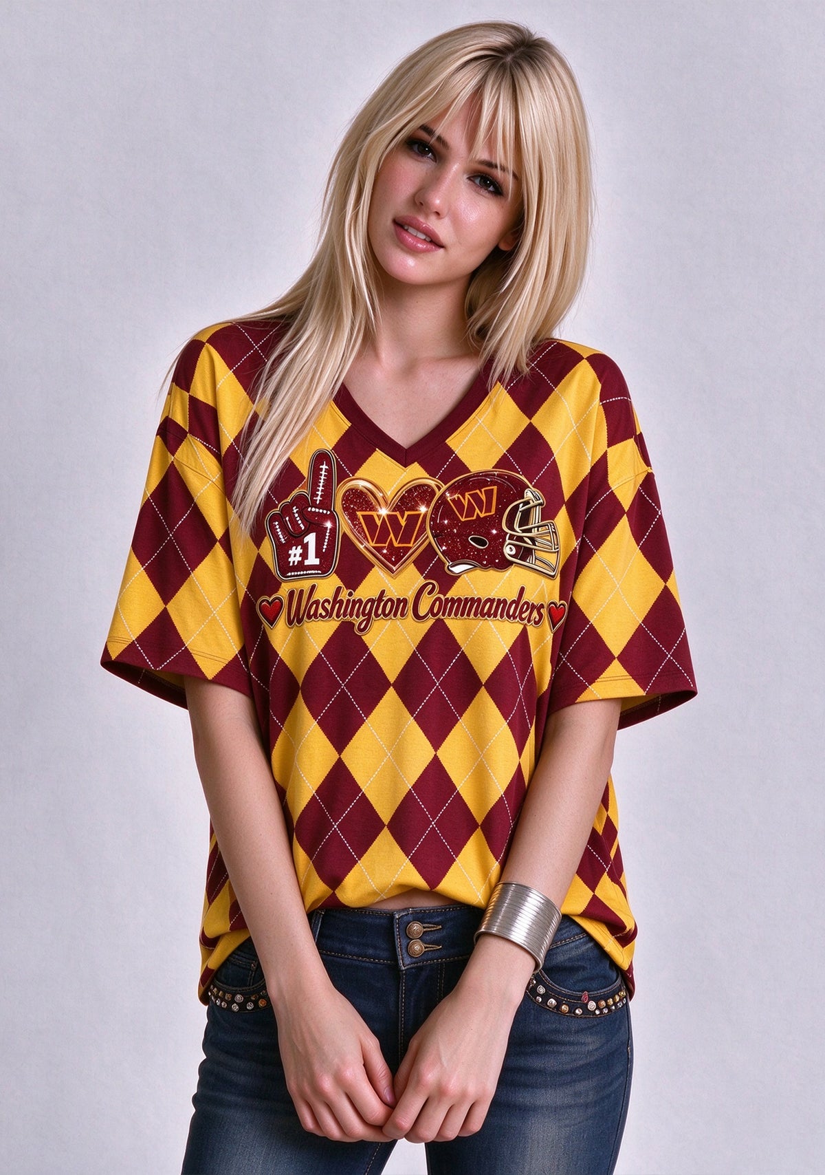 Women's Washington Commanders Argyle #1 Fan Heart Helmet V-Neck T-Shirt