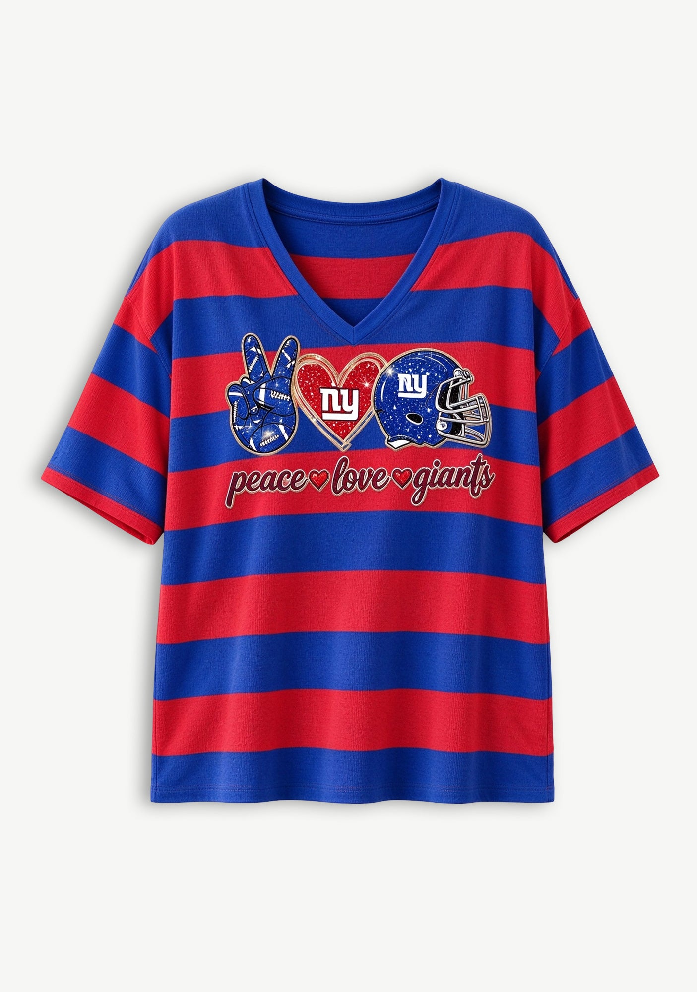 Women's Peace Love New York Giants Football Striped V Neck T-Shirt Secondary image