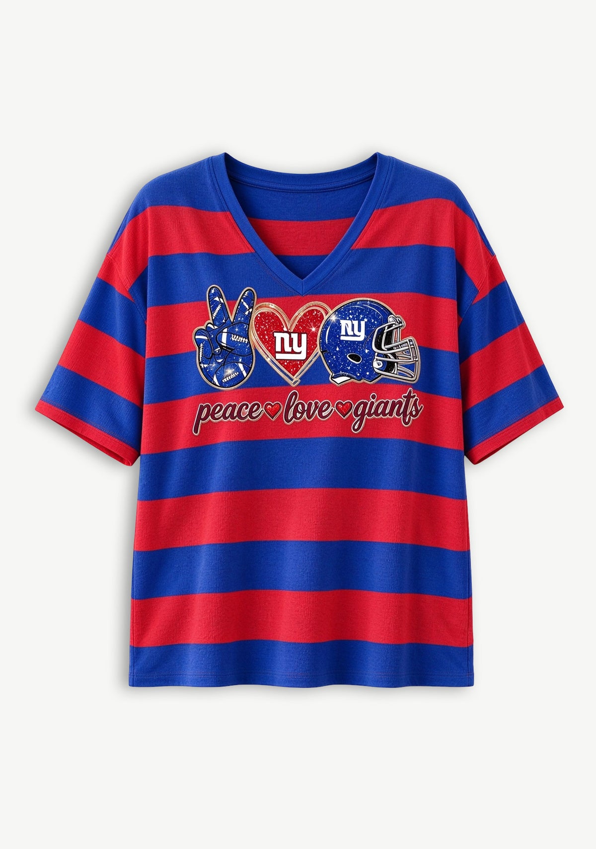 Women's Peace Love New York Giants Football Striped V Neck T-Shirt