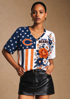 Women's Chicago Bears American Flag Floral V-Neck T-Shirt