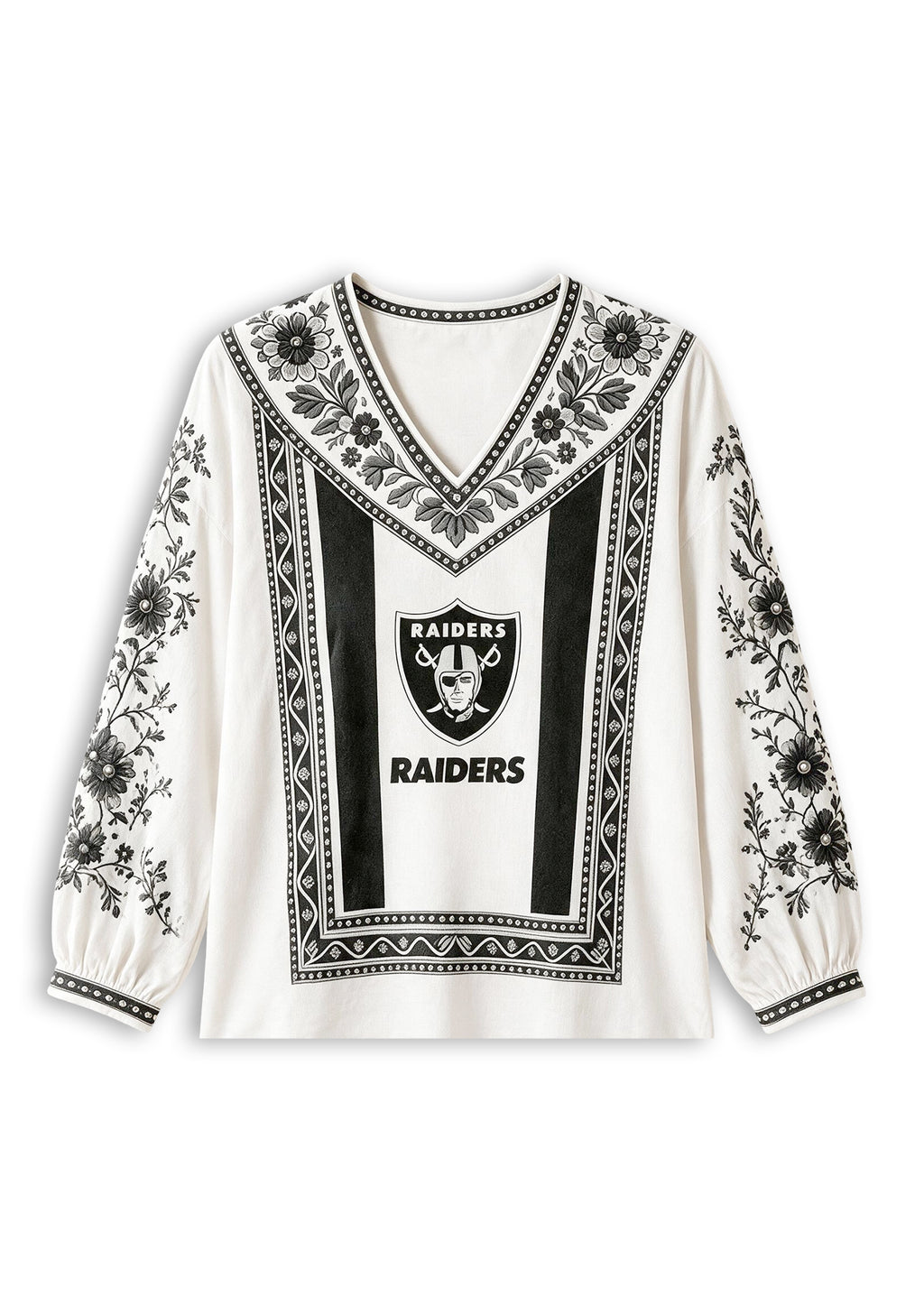 Women's Las Vegas Raiders Boho Floral Printed V-Neck Long Sleeve Shirt