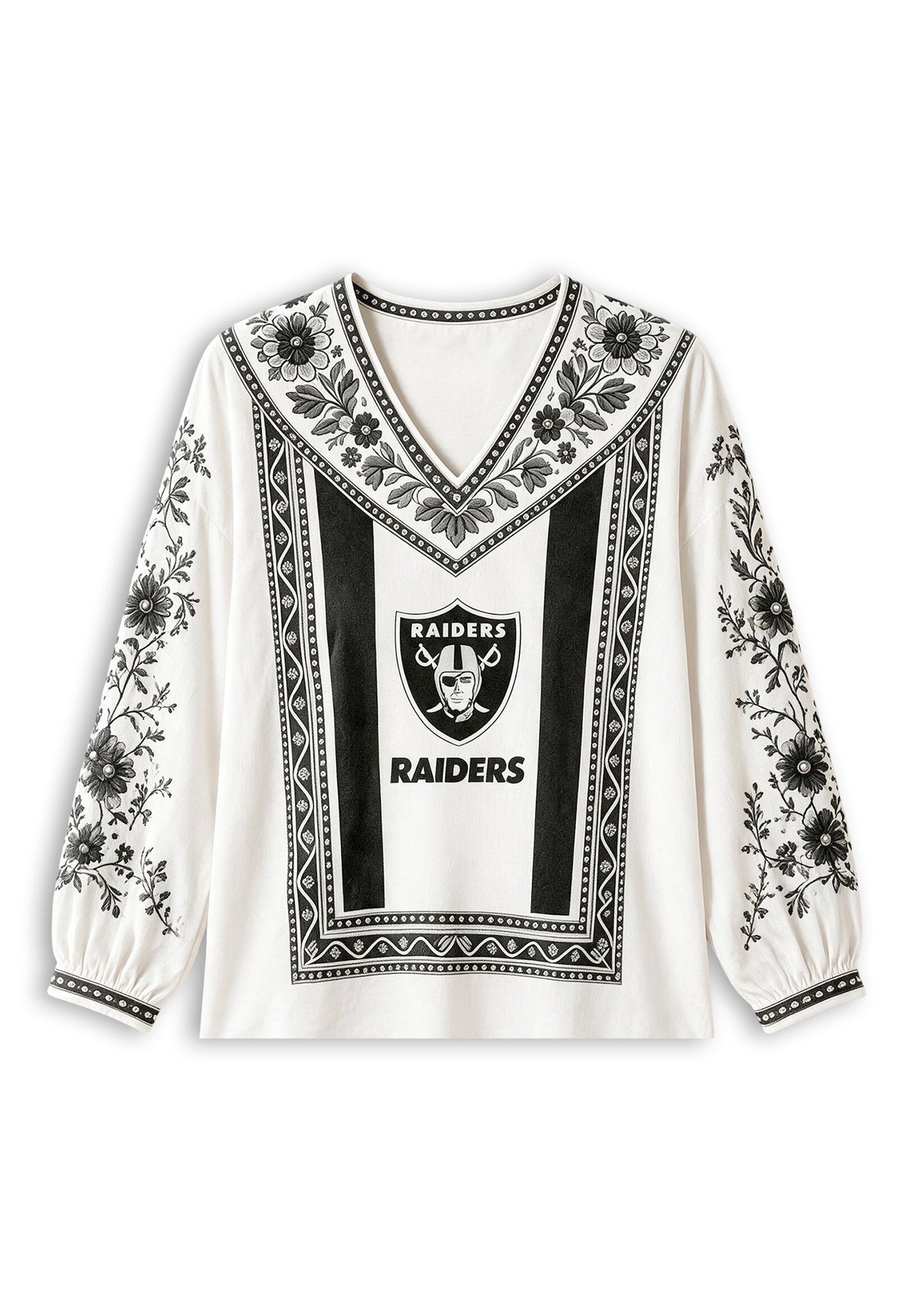 Women's Las Vegas Raiders Boho Floral Printed V-Neck Long Sleeve Shirt