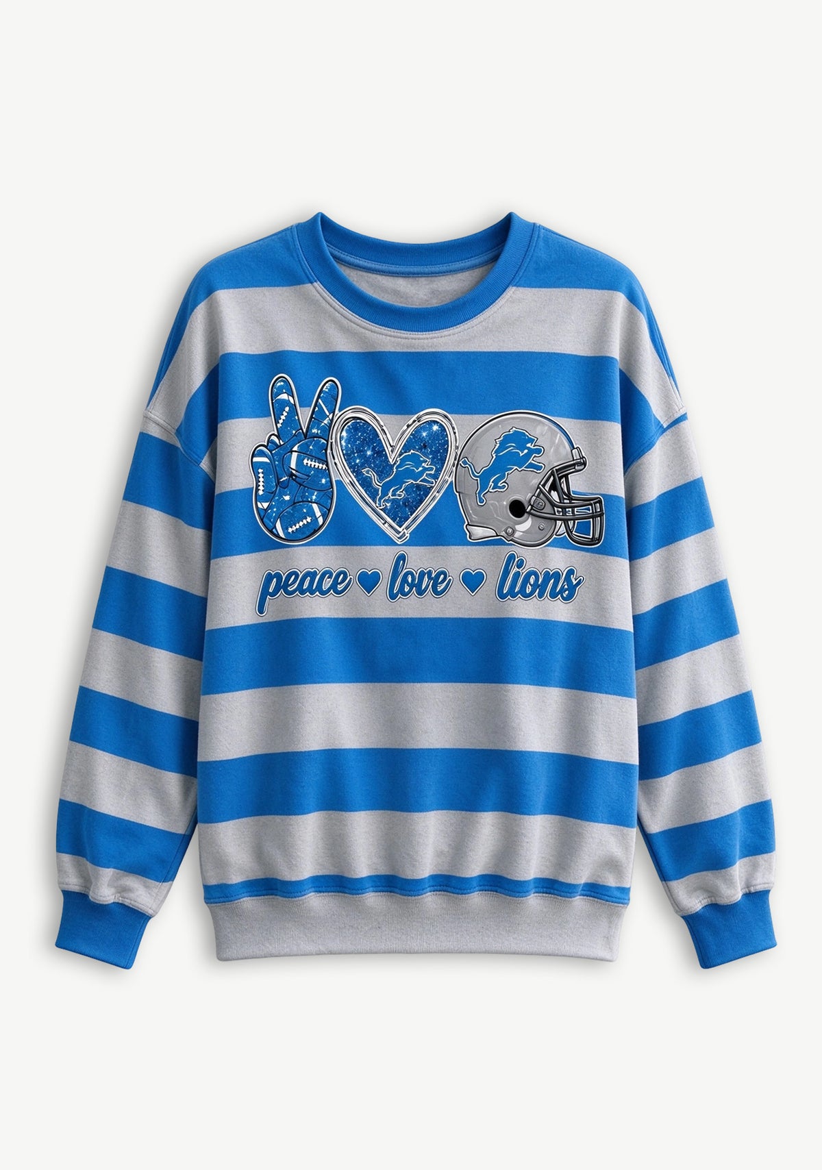 Women's Peace Love Detroit Lions Striped Crewneck Sweatshirt