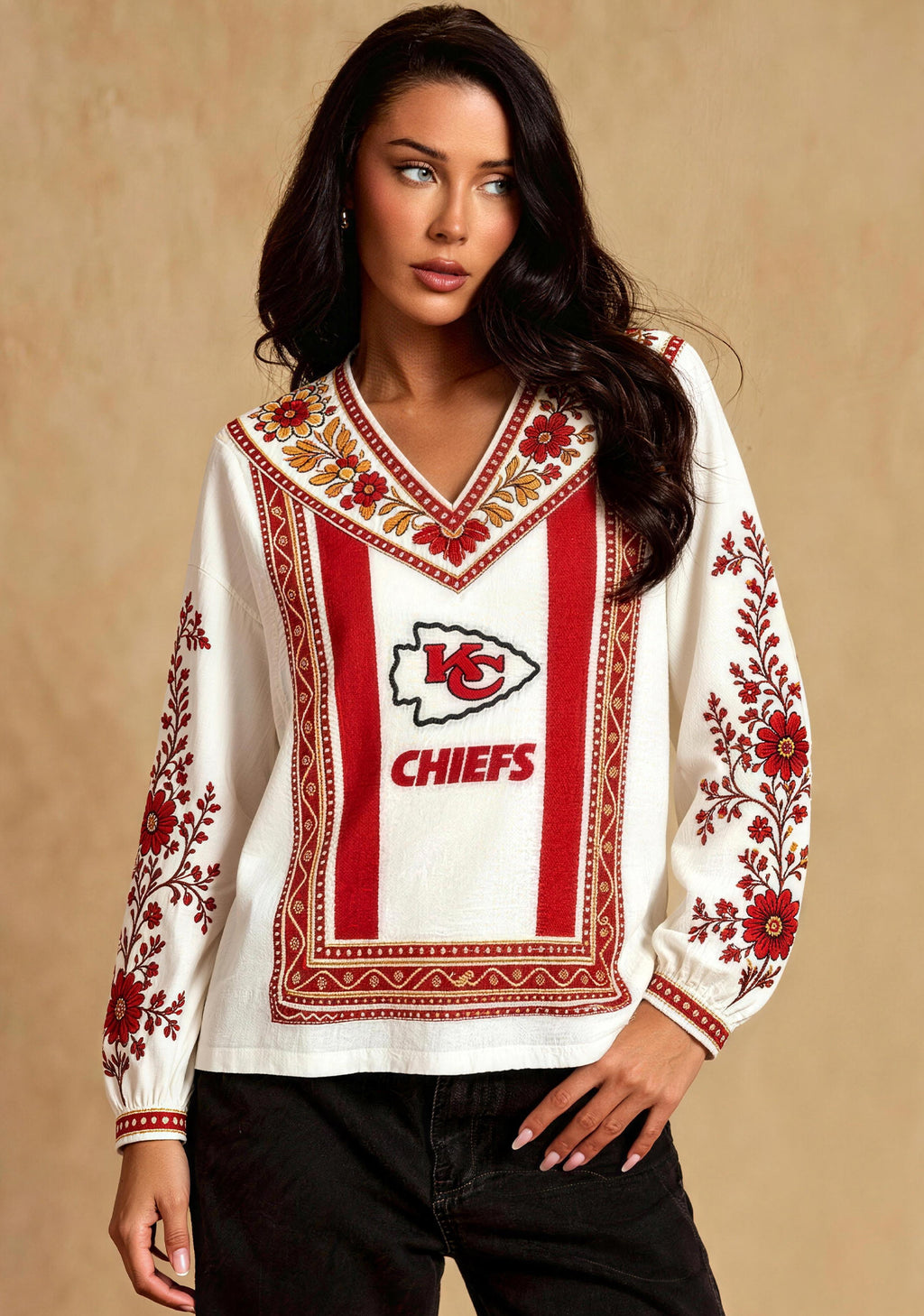 Women's Kansas City Chiefs Floral Printed V-Neck Long Sleeve Shirt