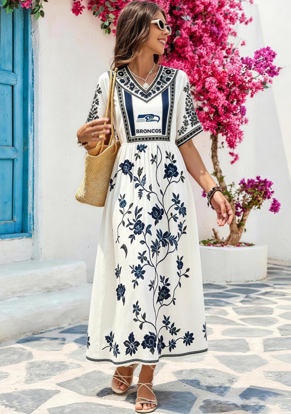 Seahawks Boho Dark Blue Floral Vine Maxi Dress
