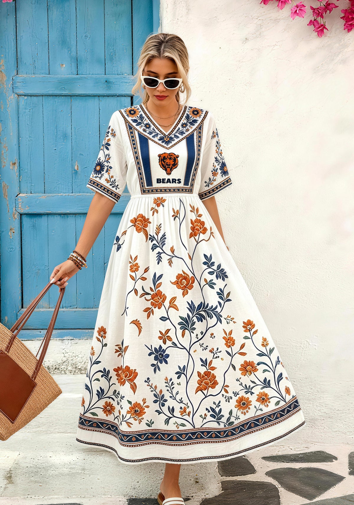 Chicago Bears Boho Orange Blue Floral Vine Maxi Dress Main image