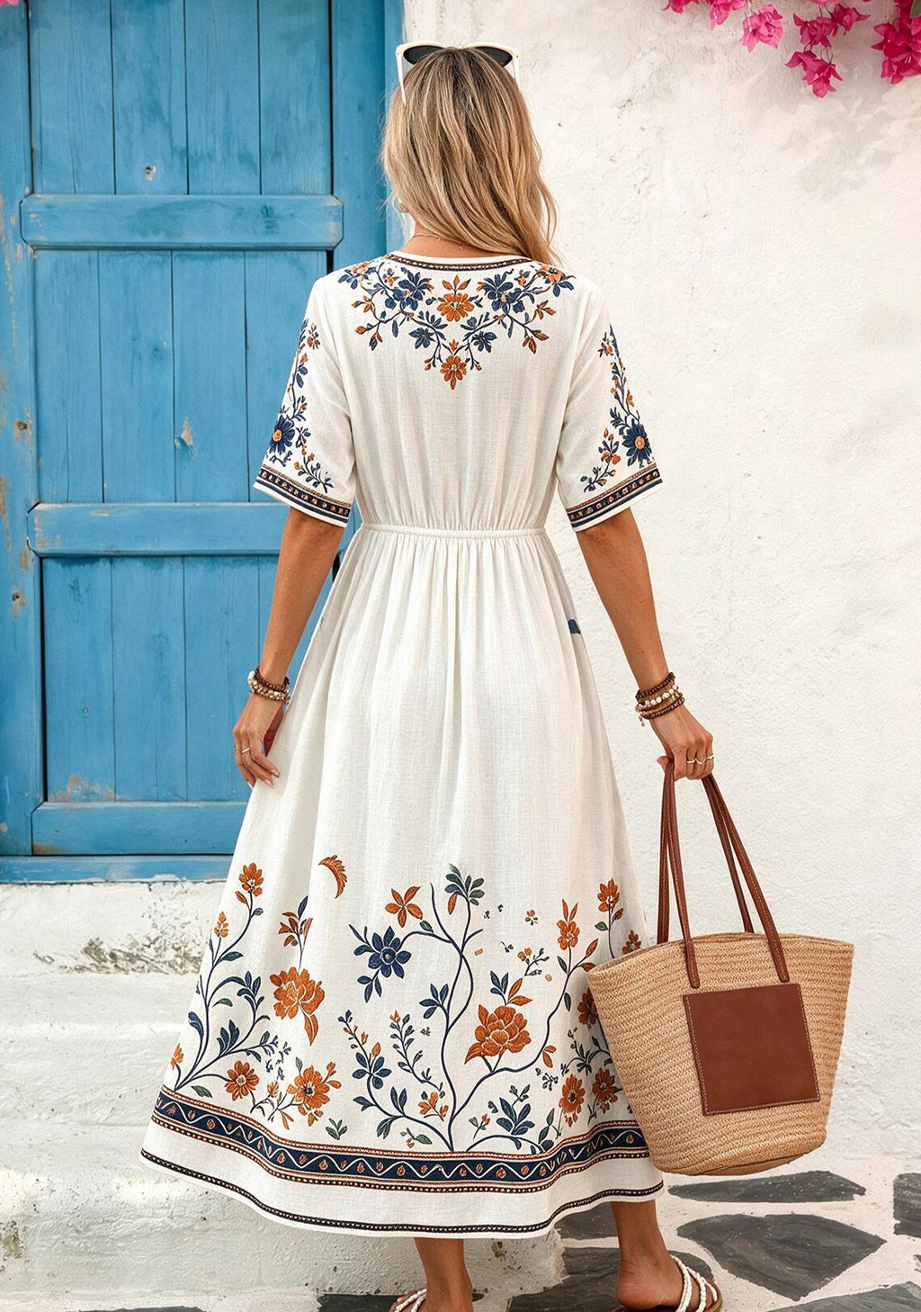 Chicago Bears Boho Orange Blue Floral Vine Maxi Dress