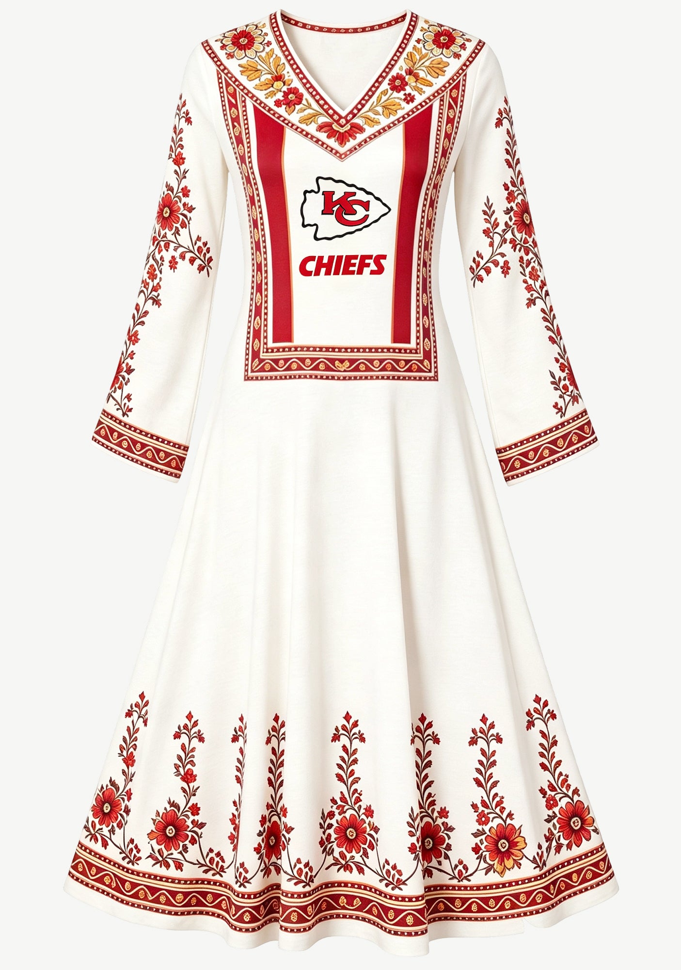 Kansas City Chiefs Ethnic Red‑Gold Floral Game‑Day Midi Dress Secondary image
