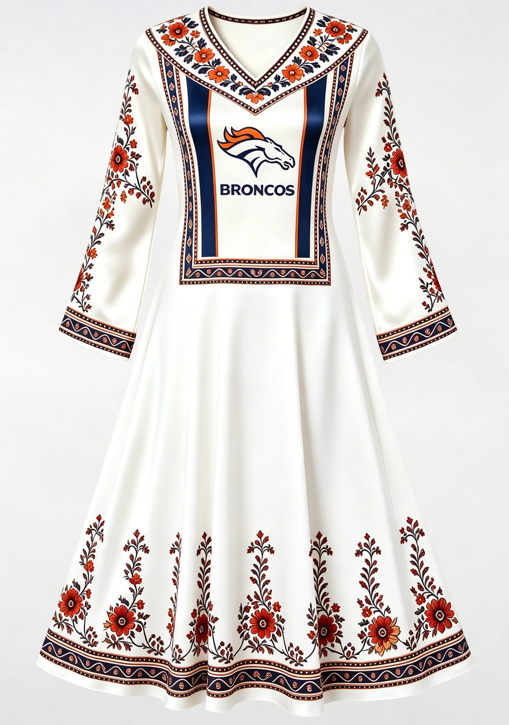 Denver Broncos Bohemian Floral Border Game‑Day Midi Dress