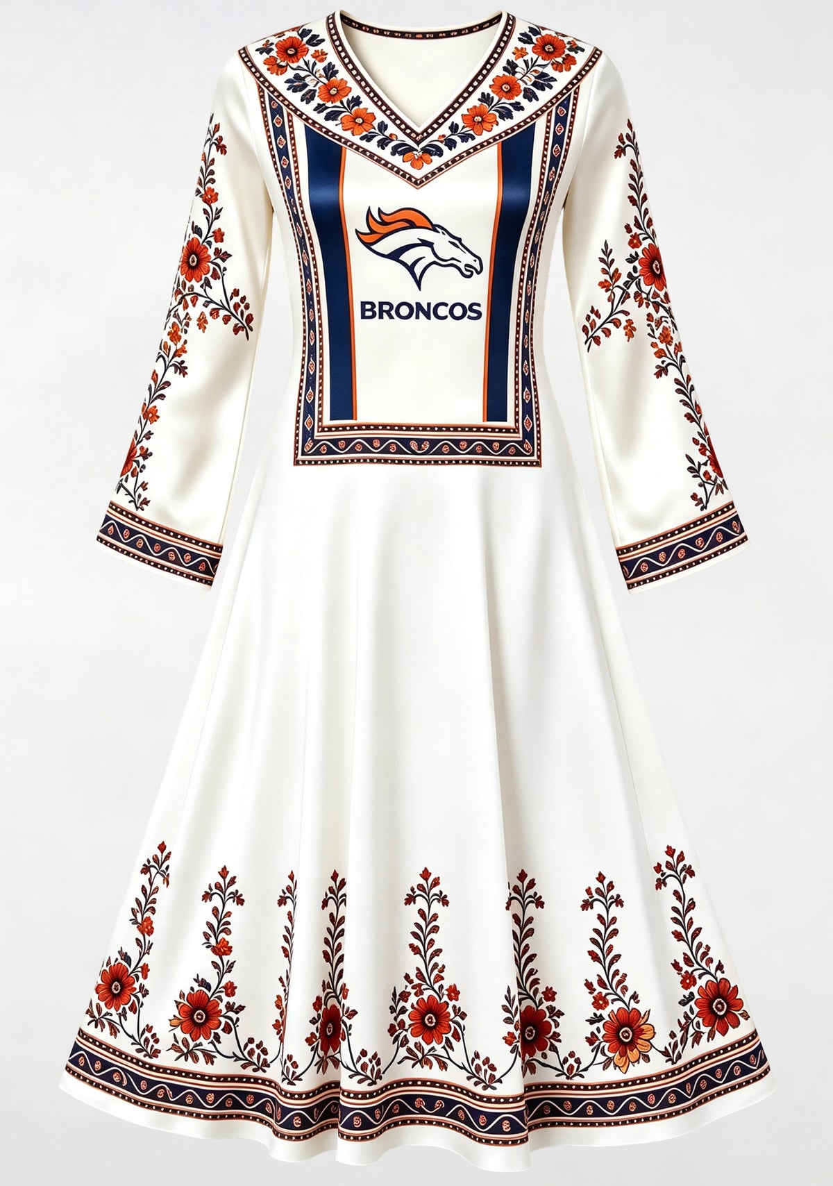 Denver Broncos Bohemian Floral Border Game‑Day Midi Dress