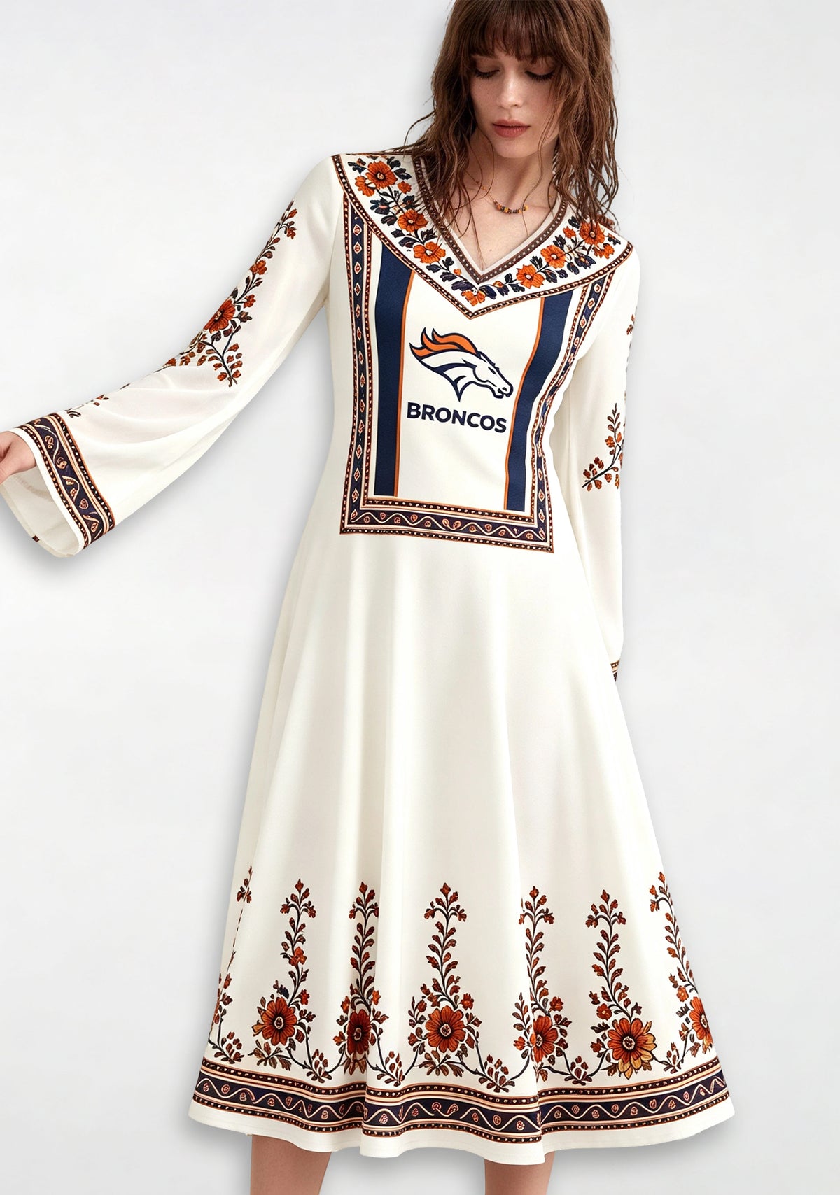 Denver Broncos Bohemian Floral Border Game‑Day Midi Dress Main image