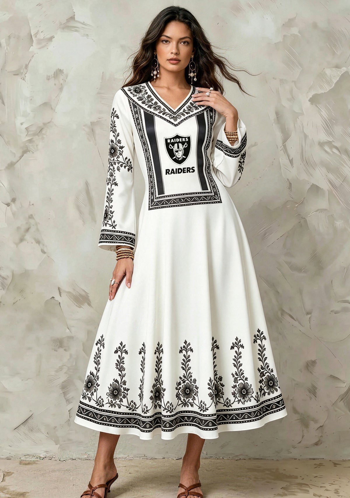 Las Vegas Raiders Bohemian Floral Border Game‑Day Midi Dress