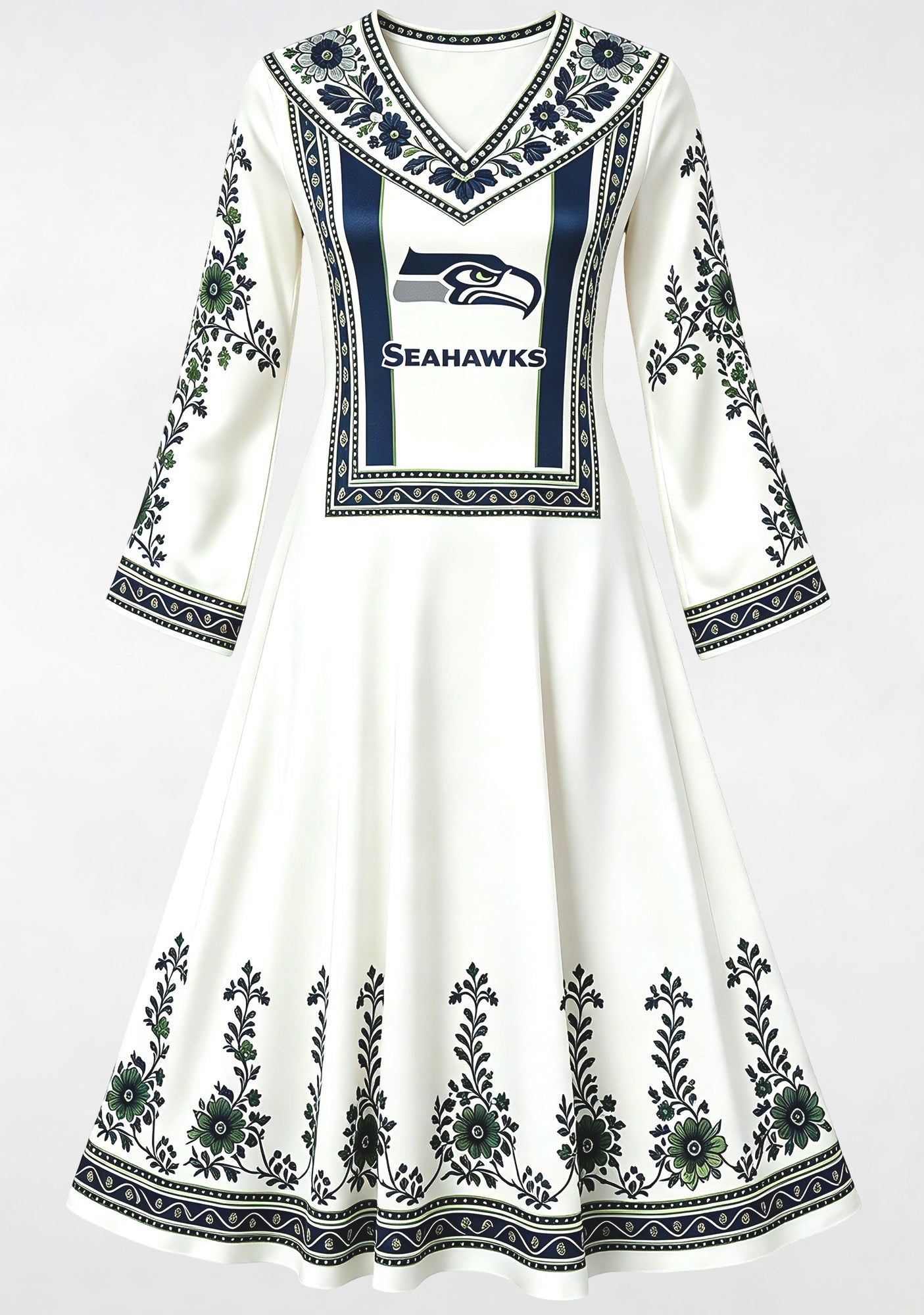 Seattle Seahawks Ethnic Green Floral Game‑Day Midi Dress Secondary image