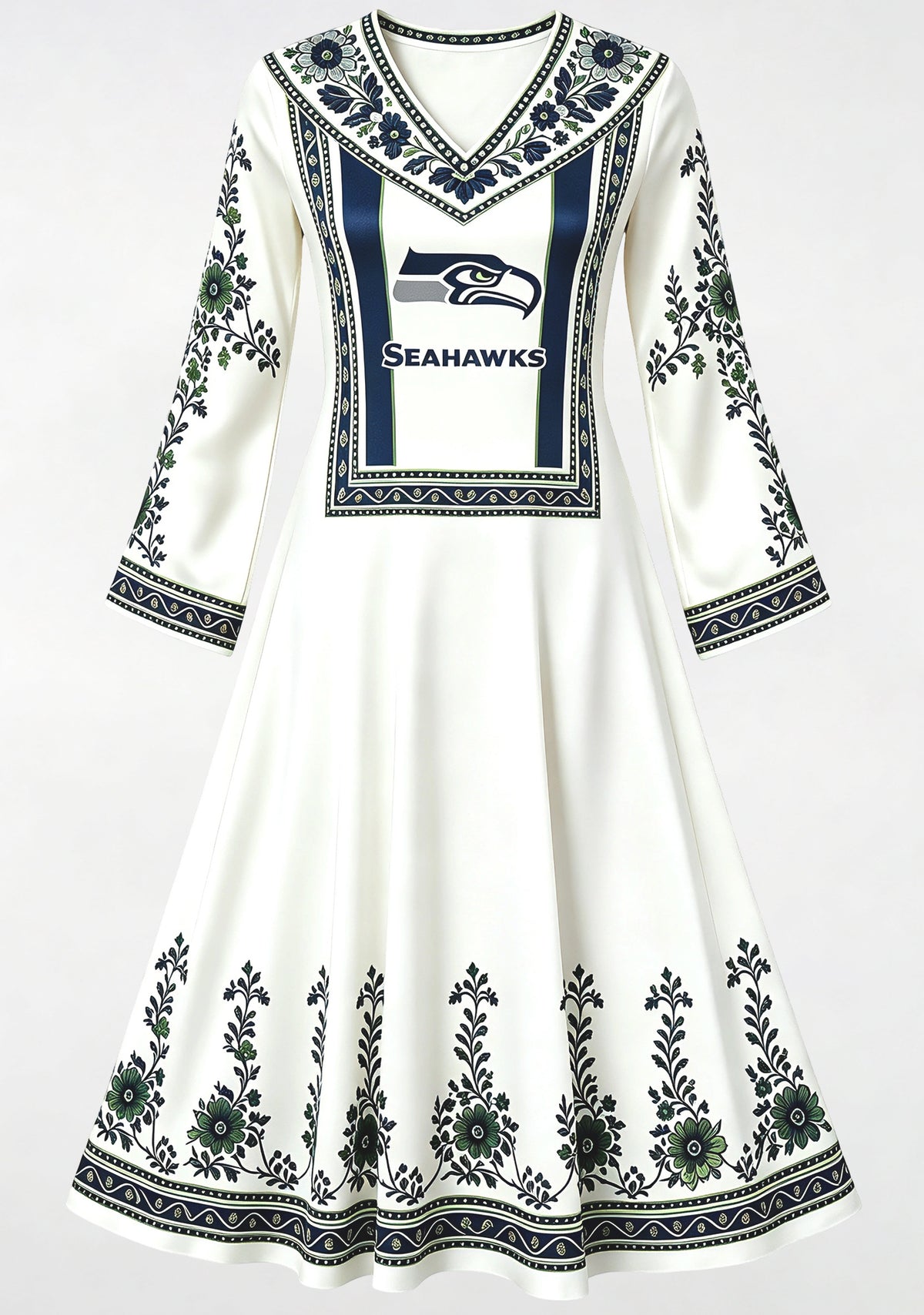 Seattle Seahawks Ethnic Green Floral Game‑Day Midi Dress