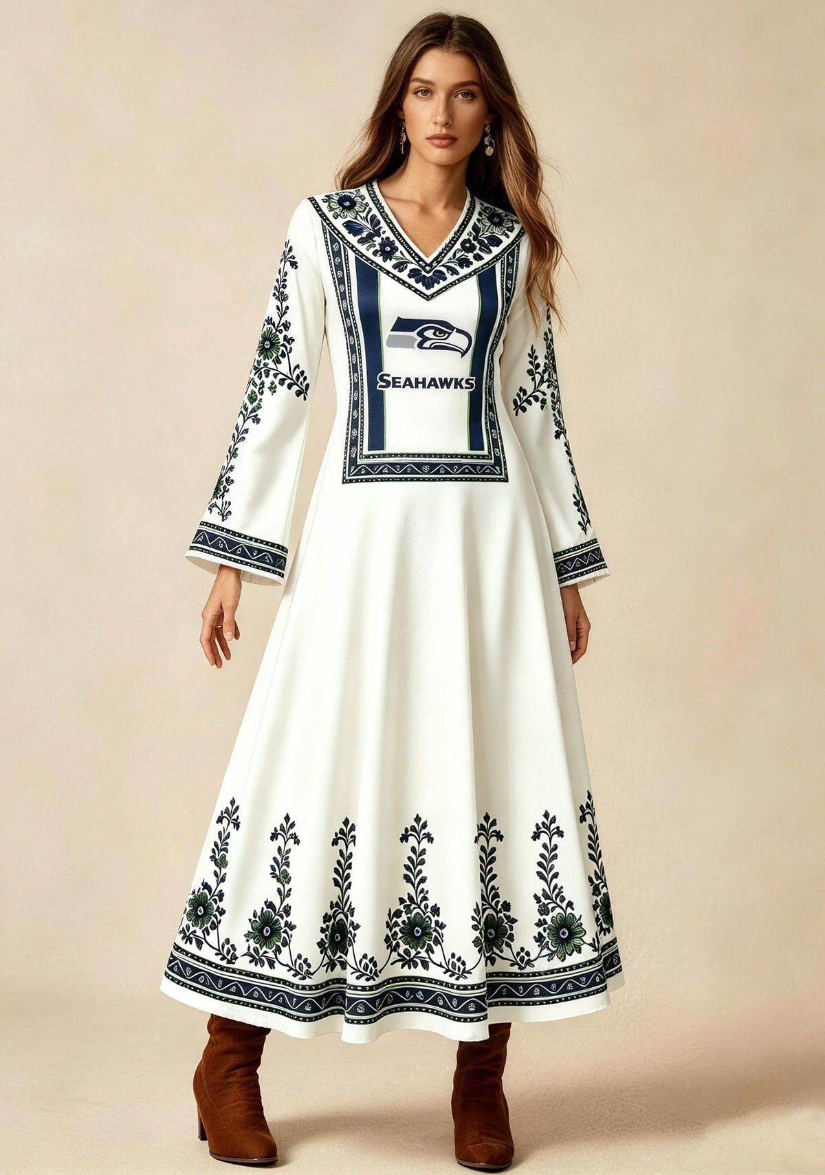 Seattle Seahawks Ethnic Green Floral Game‑Day Midi Dress Main image