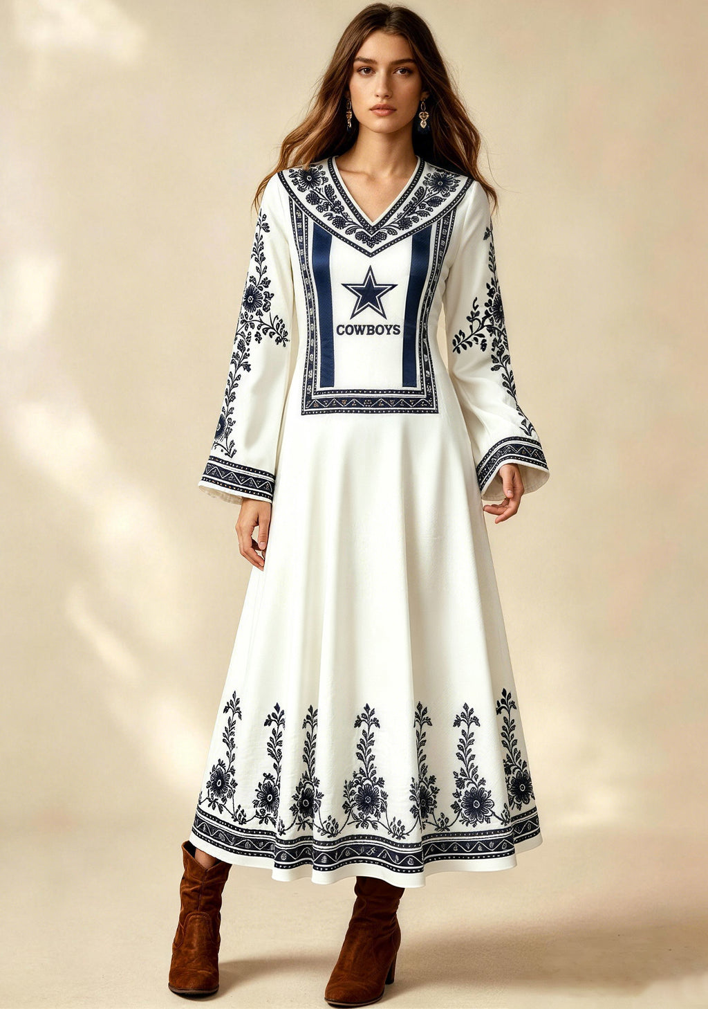 Dallas Cowboys Blue Ethnic Floral Ornate Game‑Day Midi Dress