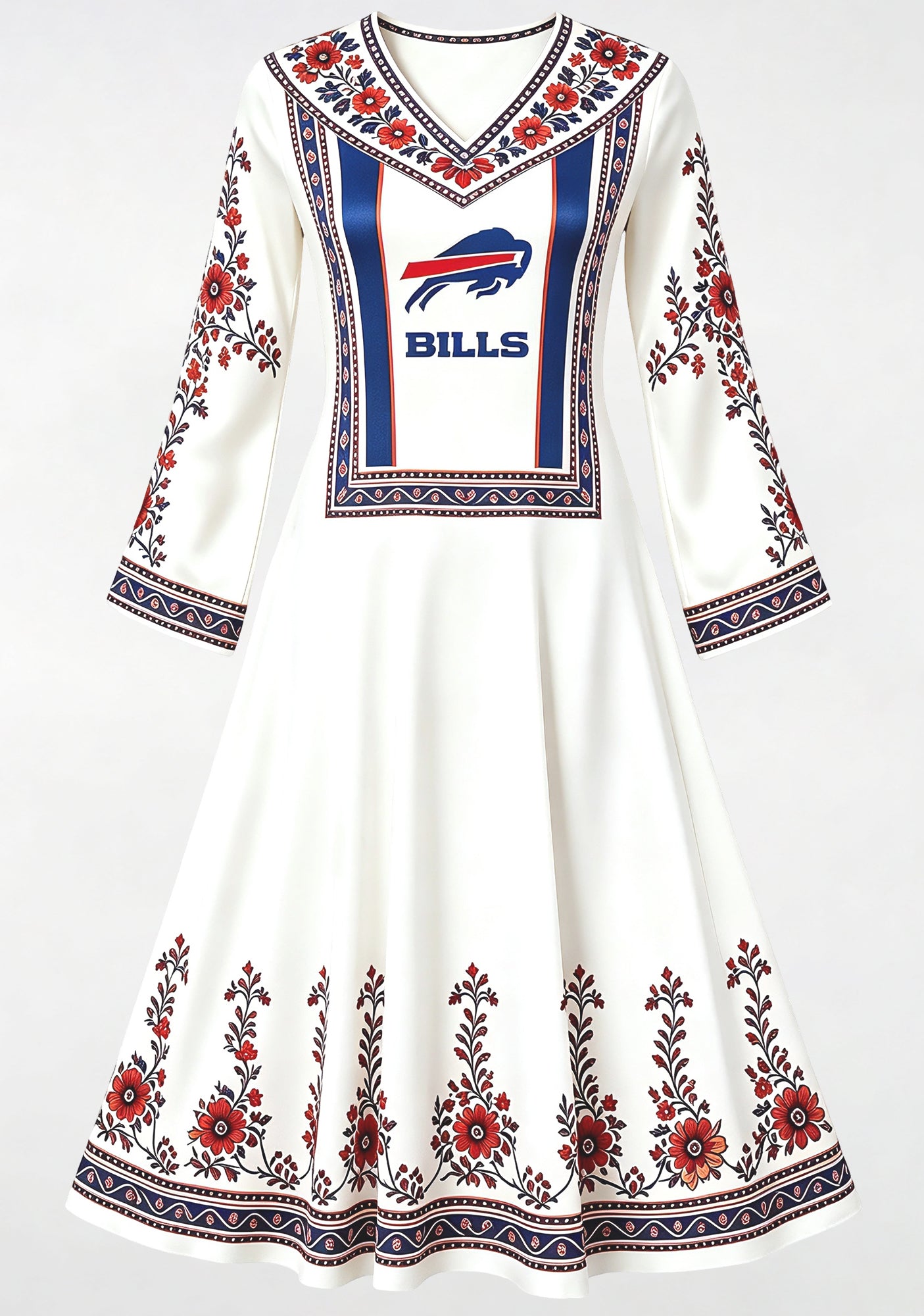Buffalo Bills Red Ethnic Floral Border Game‑Day Midi Dress Secondary image