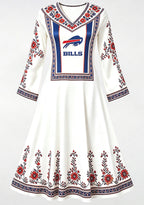 Buffalo Bills Red Ethnic Floral Border Game‑Day Midi Dress