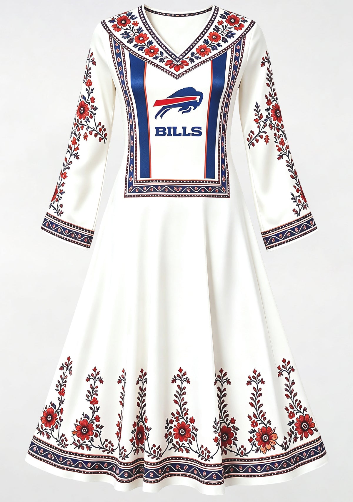 Buffalo Bills Red Ethnic Floral Border Game‑Day Midi Dress